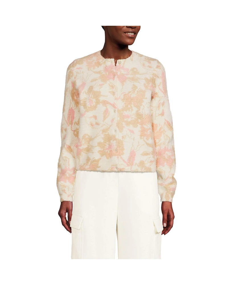 Lands' End Women's Fine Gauge Eyelash Cardigan Printed Sweater - Set Top