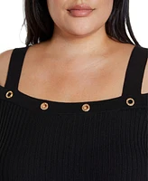 Belldini Plus Black Label Rhinestone Grommet Cold-Shoulder Sweater
