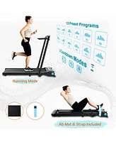 Ksports 3-in-1 Folding Electric Treadmill, Home Gym Cardio Strength Training Workout Set with Ab Mat, Sit Up Strap, Desk and Manual Incline