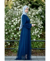 Urban Modesty Women's Blue Mesh Pearl Long Sleeve Gown