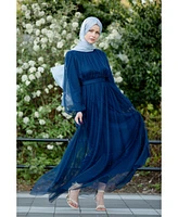 Urban Modesty Women's Blue Mesh Pearl Long Sleeve Gown