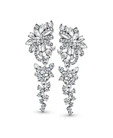 Bling Jewelry Dangling Holiday Party Waterfall Long Flower Bow Crystal Prom Pageant Chandelier Statement Earrings Pink Rose Gold Or Silver Plated