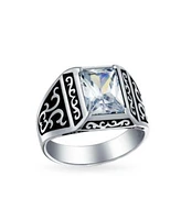 Bling Jewelry Stainless Steel Viking Scroll Ring with Emerald Cut Cubic Zirconia Two Tone Silver