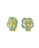 Bling Jewelry Fashion Enamel 3D Blue Rose Flower Clip-On Earrings