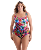 Longitude by Mimi Flamingo Blooming Bouquet Twist Drape Tank One Piece Swimsuit