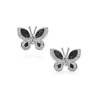 Bling Jewelry Monochrome Black & White Cubic Zirconia Cz Stud Earrings with Butterfly Design Silver