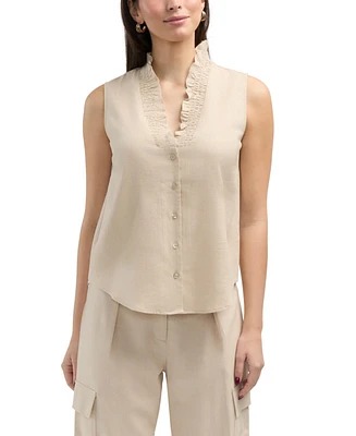 Ellen Tracy Women's Sleeveless Ruffle Neckline Top