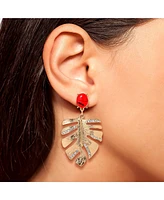 Jessica Simpson Gold-Tone Tropical Leaf Drop Earrings with Red Accents – Statement Earrings with Crystal Detailing