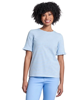 Jones New York Women's Elbow Ruffle Sleeve Crew Neck Top