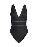 Lands' End Women's Mesh Ribbed Plunge High Leg One Piece Swimsuit