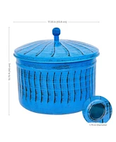 Decorative Metal Garden Hose Holder Pot with Lid - Uv-Resistant Blue Patina Finish - Holds up to 100-Foot Hose