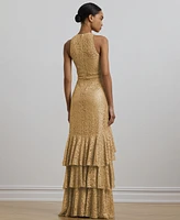 Lauren Ralph Women's Belted Metallic Lace Tiered Gown