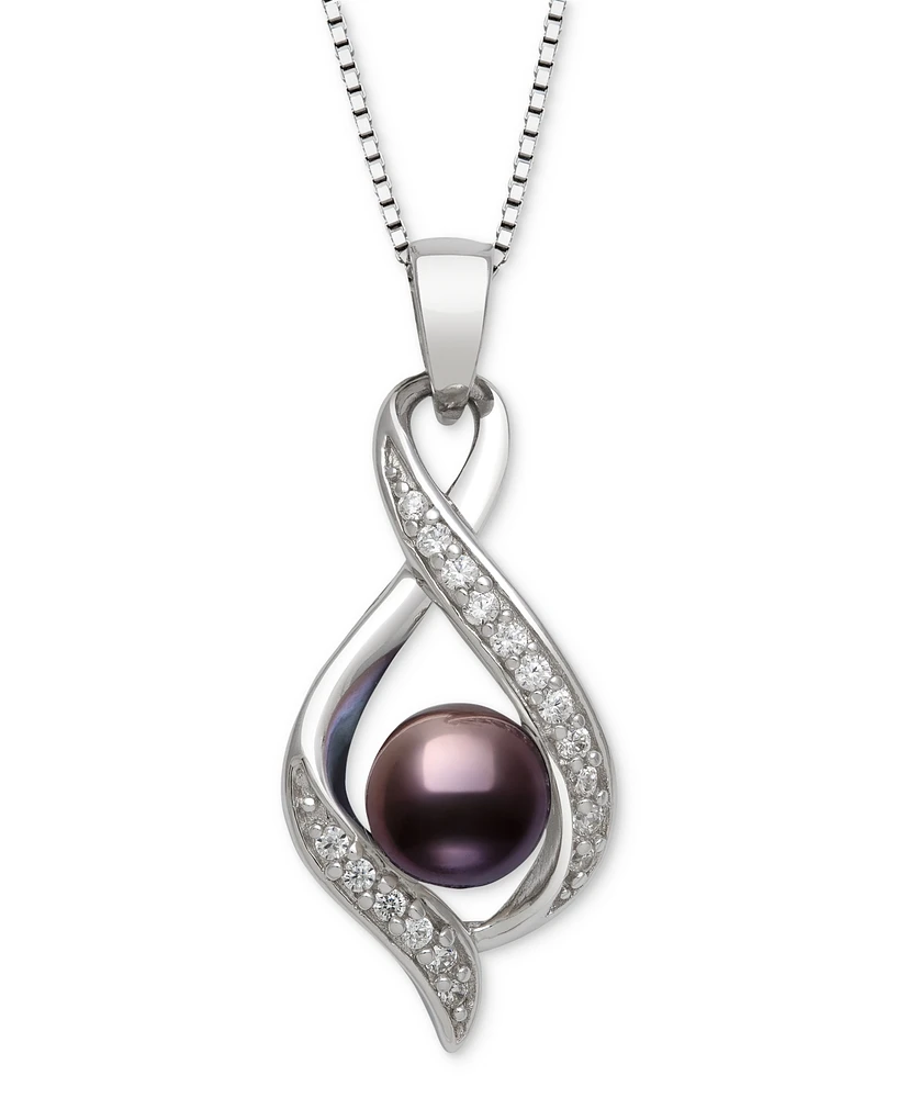 Belle de Mer Dyed Black Peacock Cultured Freshwater Pearl (6-7mm) & Lab Created White Sapphire (1/6 ct. t.w.) Pendant 18" Necklace Sterling Silver