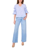 Vince Camuto Women's Printed V-Neck Bubble-Sleeve Top
