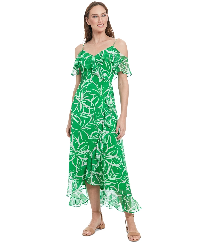London Times Petite Printed Cold-Shoulder Maxi Dress