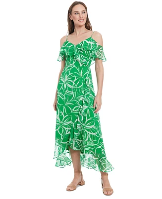 London Times Petite Printed Cold-Shoulder Maxi Dress