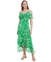 London Times Petite Printed Cold-Shoulder Maxi Dress
