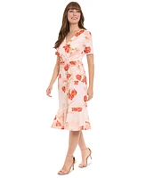 London Times Petite Floral-Print Side-Knot Fit & Flare Dress