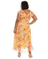 London Times Plus Floral Chiffon Ruffle-Neck Maxi Dress
