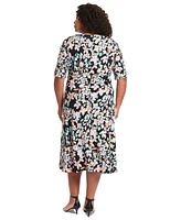 London Times Plus Jewel-Neck Short-Sleeve Dress