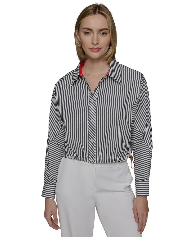 Karl Lagerfeld Paris Women's Cotton Striped Contrast-Collar Drawcord Button-Front Top