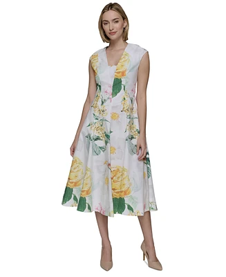 Karl Lagerfeld Paris Women's Cotton Placed Floral Midi Dress