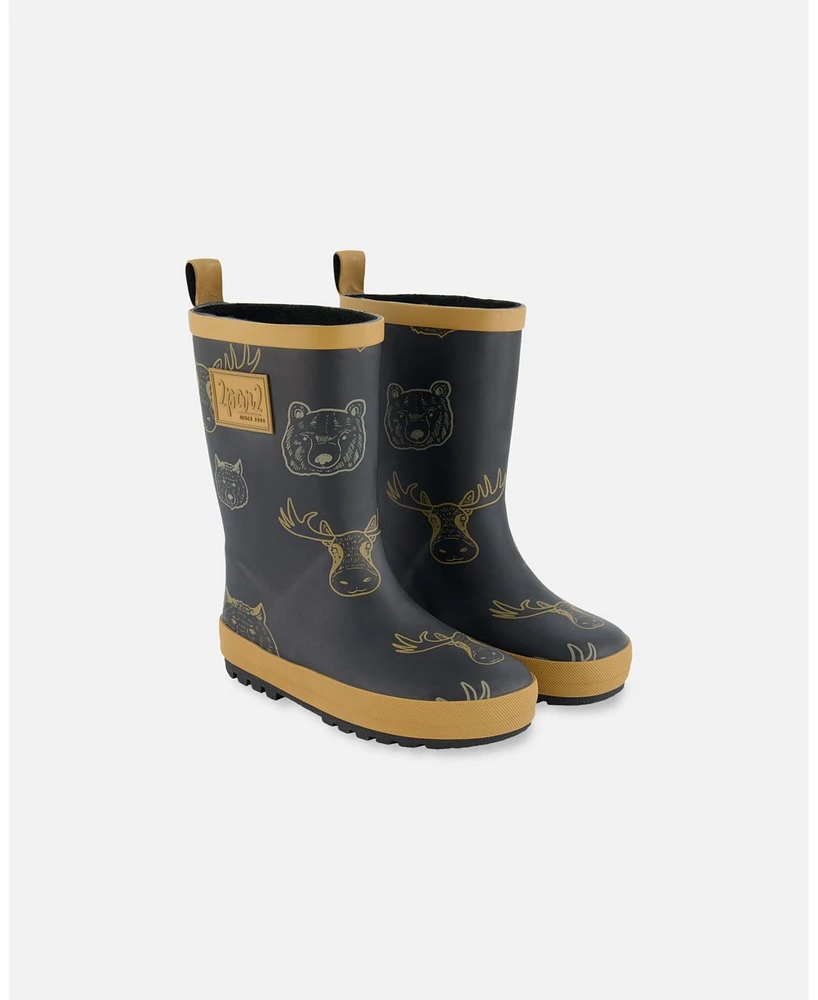 Baby Boy Printed Rain Boots Beige Animals On Black Background - Infant