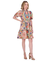 Vince Camuto Women's Printed Cotton Ruffle-Neck Tie-Waist Dress