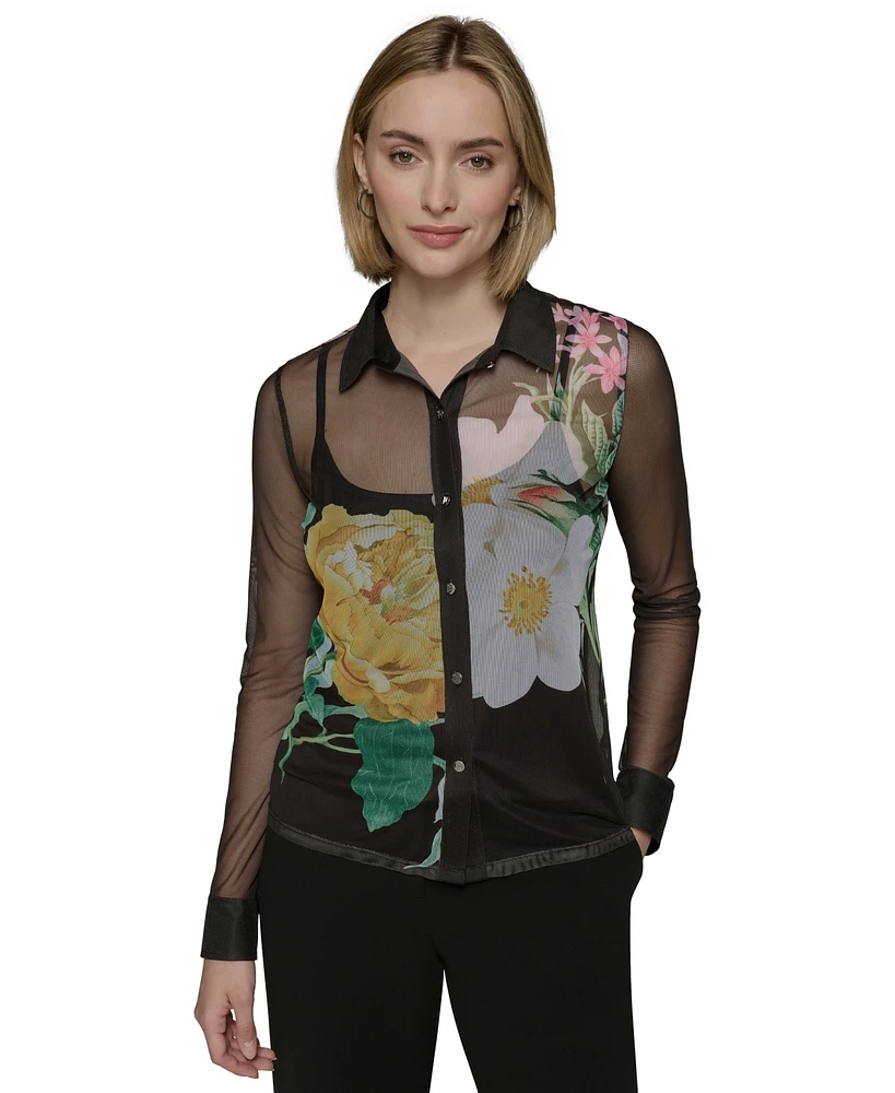 Karl Lagerfeld Paris Women's Sheer Floral Knit Button-Front Top