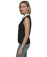 Karl Lagerfeld Paris Women's Embroidered-Collar Sleeveless Top