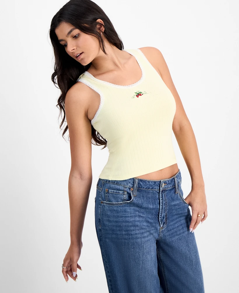Just Polly Juniors' Strawberry Embroidered Lace-Trim Tank Top