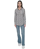 Karl Lagerfeld Paris Women's Motif Roll-Tab-Sleeve Button-Front Top