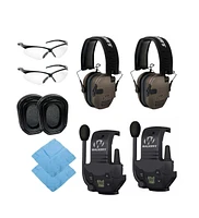 Walkers Razor Slim Electronic Muff (Flat Dark Earth) Bundle with Walkie-Talkie Attachments Gel Filled Earpad Shooting Glasses and Microfiber Cleaning