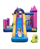 7-in-1 Kids Inflatable Bounce House with Long Slide and 735W Blower