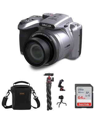 Minolta ProShot MN40Z 20MP Full Hd Camera with 40x Optical Zoom, Silver, Bundle with Mt-11 Multifunctional Octopus Tripod, 64GB Sdxc Memory Card and S