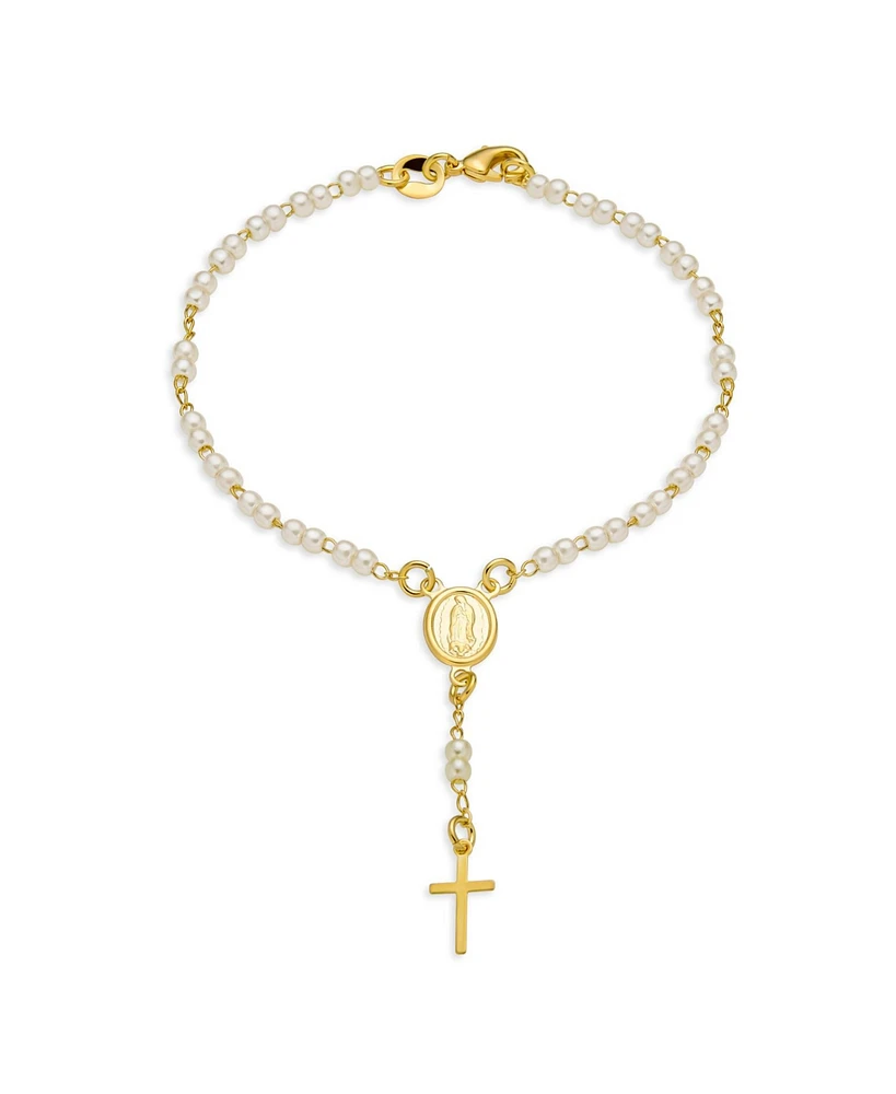 Bling Jewelry Dainty White Pearl Rosary-Bead Bracelet with Cross Gold Plated 7.5 Inch