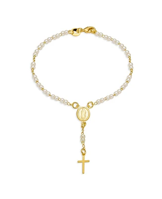 Bling Jewelry Dainty White Pearl Rosary-Bead Bracelet with Cross Gold Plated 7.5 Inch