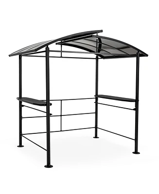 8×5FT Gray Arc Hardtop Grill Gazebo Canopy with 2-Tier Roof & Side Shelves, Waterproof Bbq Tent