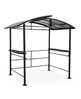 8×5FT Gray Arc Hardtop Grill Gazebo Canopy with 2-Tier Roof & Side Shelves, Waterproof Bbq Tent