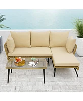 3 Pieces L-Shaped Patio Sofa with Cushions and Tempered Glass Table