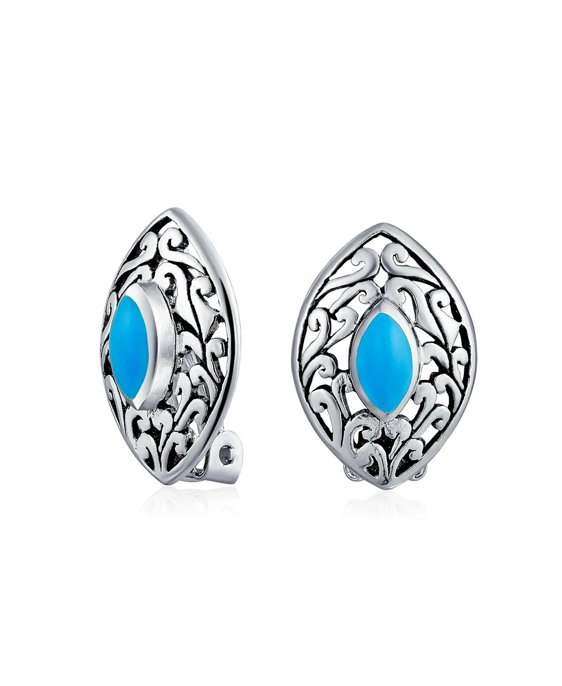 Bling Jewelry Western Filigree Marquise Blue Turquoise Clip-On Earrings Non-Pierced Sterling Silver