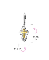 Bling Jewelry Filigree Two Tone Fleur De Lis Cross Dangle Earrings Gold Plated Silver