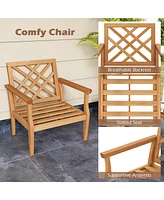 Teak Wood Slatted Patio Chair Armchair with Cozy Backrest and Armrests