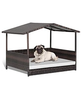 Wicker Outdoor Dog House with Weatherproof Roof