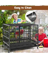 38 Inch Foldable Heavy-Duty Metal Dog Cage with Lockable Rolling Casters and Tray