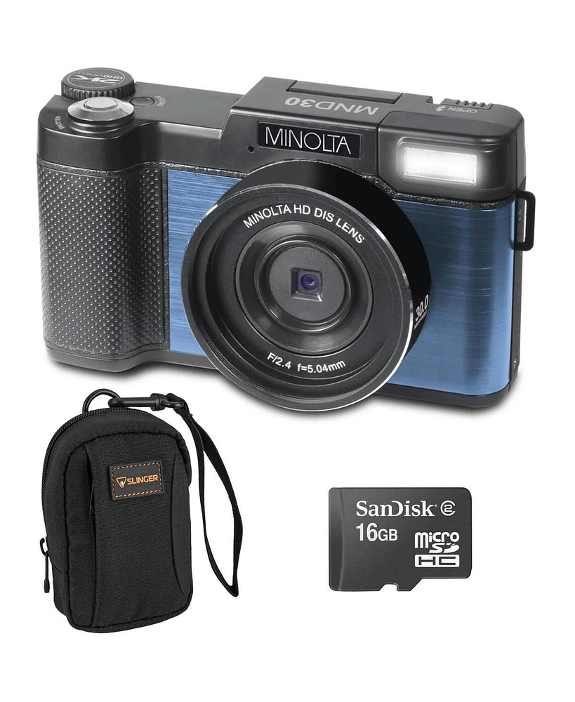 Minolta MND30 30MP 2.7K Qhd 3.0" Lcd Screen Digital Camera, Blue, With micro Sd Card and Slinger Camera Bag