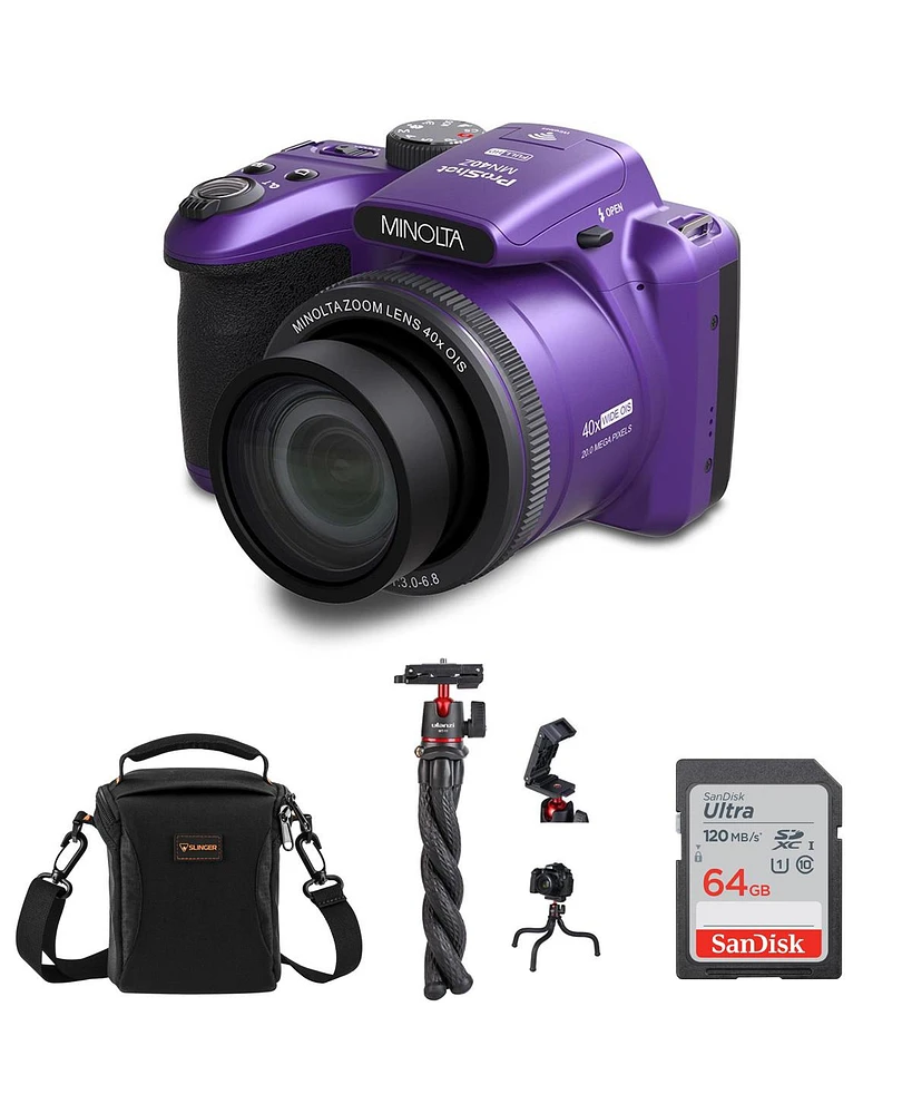 Minolta ProShot MN40Z 20MP Full Hd Camera with 40x Optical Zoom, Purple, Bundle with Mt-11 Multifunctional Octopus Tripod, 64GB Sdxc Memory Card and S