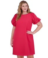 Vince Camuto Plus Puff-Sleeve Stretch Crepe Shift Dress