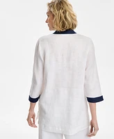 Charter Club Women's Embroidered 3/4-Sleeve 100% Linen Tunic Top, Exclusively at Macy's