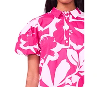 Msk Women's Printed Cotton Collared Puff-Sleeve Shift Dress